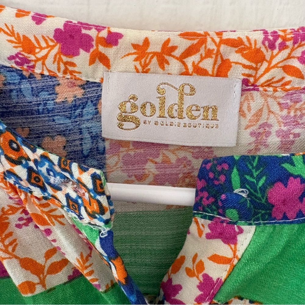 Patchwork Floral Button-Front Blouse in Green & B… - image 2